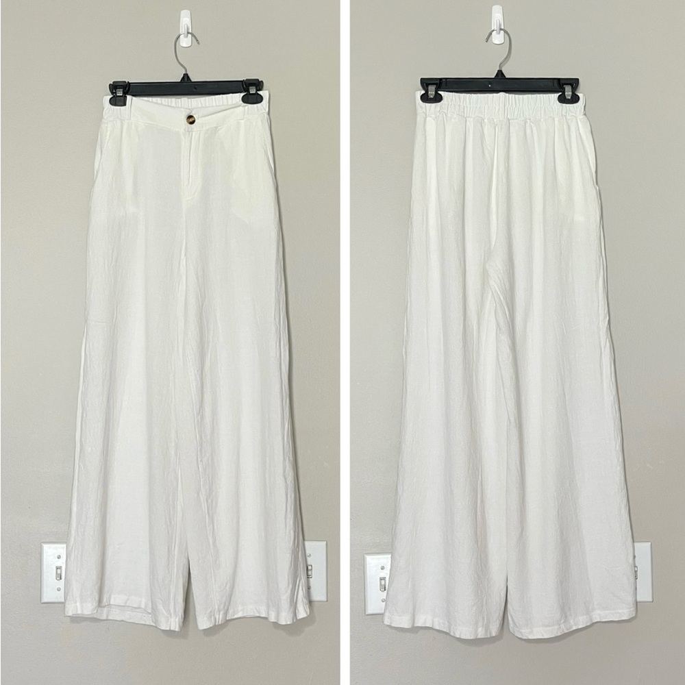 White Wide Leg Linen-Blend Pants - Size S (25W)